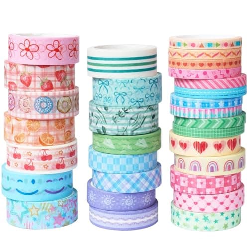 Songdao 30 Rolls Washi Tape Set, Cute Pastel Decorative Masking Tape, Sweet Fruit Heart Plaid Star Patterns for Bullet Journal, Scrapbooking, Gift Wrapping, DIY Crafts & Planner Decorations