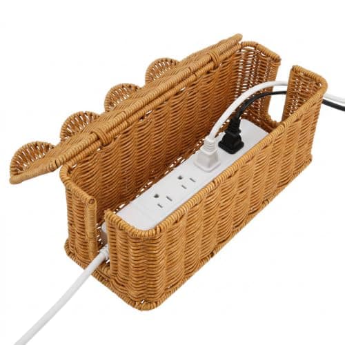 Scalloped Handwoven Rattan Cable Management Box with Lid - Plastic Wicker Cord Hider Basket, Decorative Wire Organizer for Power Strip, Desk TV Cord Hider, Home Office Storage