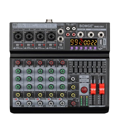 BOMGE 06A Professional 6 Channel DJ Audio Mixer, DJ Controller Sound Mixer with 99 DSP Effects,7-band EQ Independent 48V Bluetooth USB Interface Recording for Studio Stage Party Home Recording