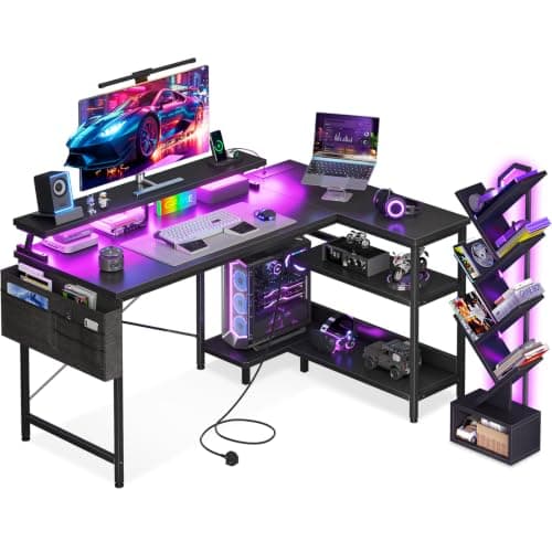 Coleshome L Shaped Gaming Desk with LED Lights & Power Outlets + 6-Tier Tree Bookshelf Bundle, 120x80cm Computer Desk with Monitor Stand and Floor Standing Bookcase for Living Room and Bedroom, Black