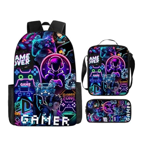 Onperpoe 3 PCS Gaming Backpack Set, Waterproof Boys School Bag Gaming Pencil Case with Crossbody Bag, Gamer Backpack for School Boys Cool Gifts Rucksack Set