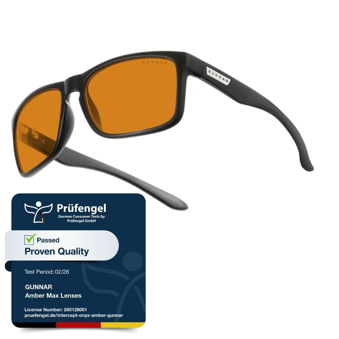 Gunnar Gaming and Computer Eyewear - Intercept, Frame Colour: Onyx, Lens Tint: Amber MAX (Blocks 98% Blue Light & 100% UV Light)- Blue Light Blocking Glasses - Patented lens | Computer / Gaming glasses - Intercept - Onyx - Amber MAX - 98% blue light & 100% UV blocking - Patented technology