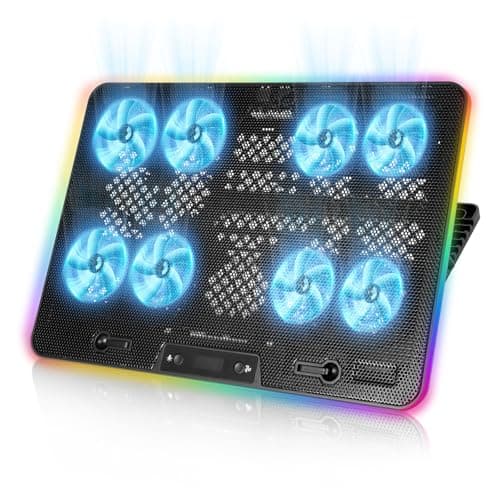 Laptop Cooling Pad, 8-Fan Adjustable Laptop Cooler with RGB LED Display | 7-Level Height Stand for 12-17 Inch Notebook Quiet, Dual USB Ports & Phone Holder, Manual Speed Control