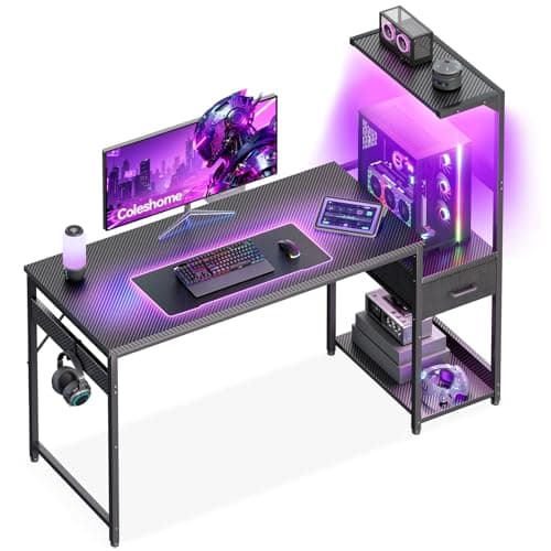 Coleshome 138×48 cm Gaming Desk with LED Lights, Carbon Fiber Black