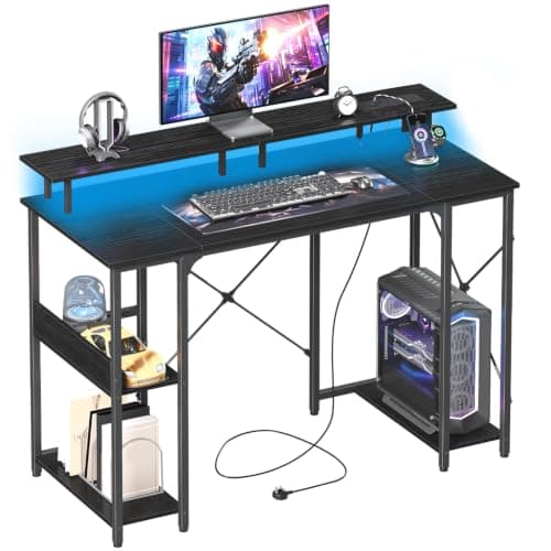 Somdot Gaming Desk with Led Light & Power Outlets, 100 x 50 cm, Black