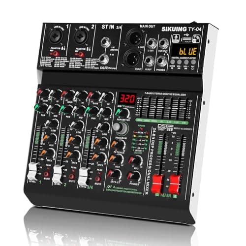 SIKUING 4 Channel Professional Portable Audio Mixer,320 DSP Effects+7-Band Equalizer,Bluetooth Sound Card+48V Phantom Power,USB Interface,for PC Recording,Karaoke Studio Effects,and Streaming Playback