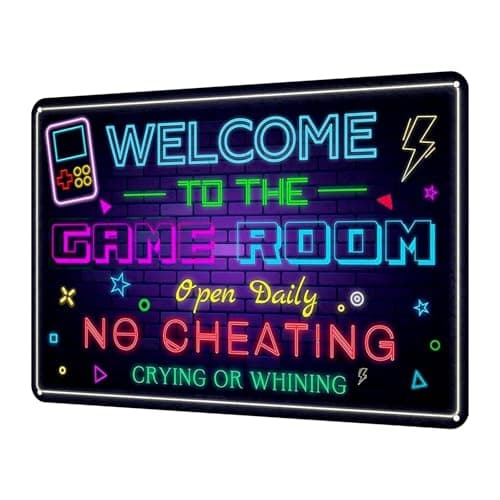 Welcome to the Game Room Metal Tin Sign – Cool Neon Gaming Decor for Boys & Teens, Gamer Room Accessories for Bedroom, Game Night Wall Decor Gift for Gamers, 12 x 8 Inch (2507)