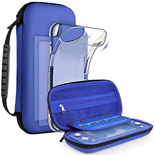 GeeRic 8-Pcs Set Carry Case Compatible with Switch Lite, 1 Soft Silicon Case 2 Pack Screen Protector Compatible with Switch Lite 2 Cat Paw & 2 Clear Thumb Caps & Storage Carrying Grip Blue