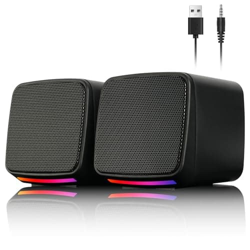 Vicloon PC Speakers, 2.0 Speakers for PC or Laptop, USB-Powered Compact Speaker, 3.5mm Aux input, Colorful RGB Lights, 1 Pair, Black