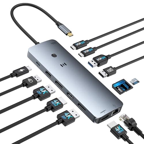 USB C Docking Station 3 Monitor, 14-in-1 Triple Display Dock with 2 HDMI DP