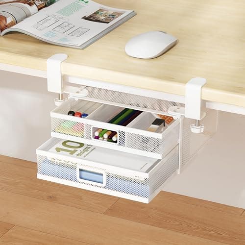 ROLIZOE Clamp On Under Desk Drawers 2 Large Capacity Mesh Metal Drawers Slide Out Under Desk Storage No Drill Under Desk Organiser Small Under Shelf Drawer Hidden Organiser for Home Office, White