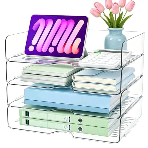 NBOUOU Desk Organiser, 4-Tier Magazine File Holder Desk Tidy, Office Desktop Storage Accessories Trays for Notes, A4 Size File Paper, Documents Racks