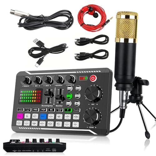 Podcast Microphone Bundle, BM-800 Condenser Mic with F998 Live Sound Card Kit, Podcast Equipment Bundle with Voice Changer and Mixer Functions for PC Smartphone Studio Recording and Broadcasting