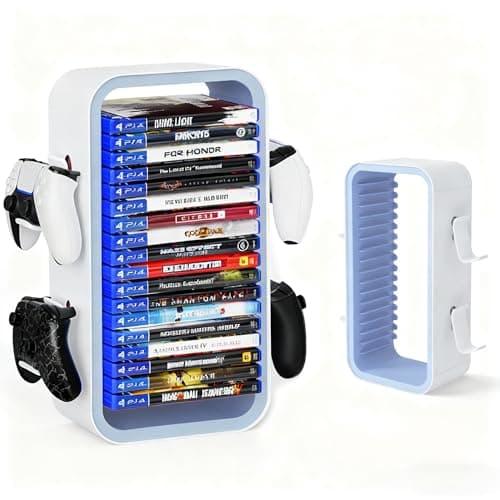 wigmoa OYO-1【40CM】 Storage Tower Compatible with PS5/ Xbox Series S & X/Switch, Universal Video Games Discs Organizer 18 PCS with 4 Controllers Holder, Game Disk Box Stand. (White/Blue)