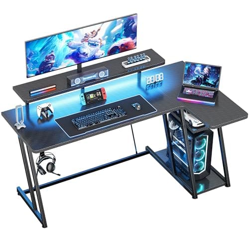 HOMIDEC 140cm L Shaped Gaming Desk, Computer Corner Desk with LED Lights