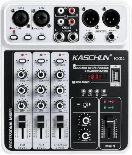 Kaschun 4 Channel Audio Mixer, Professional Bluetooth Mixing Desk with USB Recording Interface, 48V Phantom Power, Sound Mixer for Karaoke, Podcast, Streaming, PC Recording & Home Studio