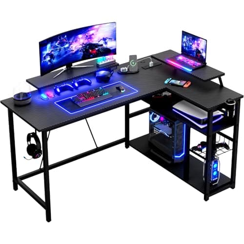 Devoko 140x80cm L Shaped Gaming Desk With RGB Lights&Power Outlets, Computer Corner Desks with Reversible Large Storage Shelves Office Table With Water cup holder,Carbon fiber black