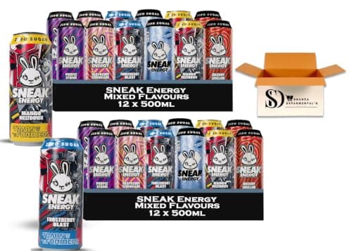 SNEAK Energy Drink Variety Pack 12 x 500ml (Pack of 2) – 24 Cans Mixed Case | 6 Flavours Cherry Limeade, Purple Storm, Raspberry Lemonade, Frostberry Blast, Mango Meltdown & Lemonade
