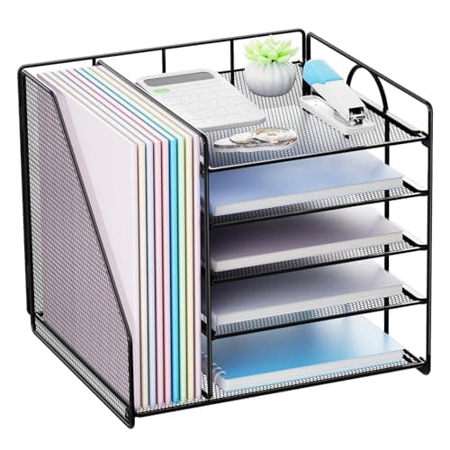 Restorgan Desk Organiser with File Holder, 5 Tiers Paper Letter Tray Organiser, Desktop Organiser and Storage, Mesh Desk Organisers and Accessories for Home Office Supplies
