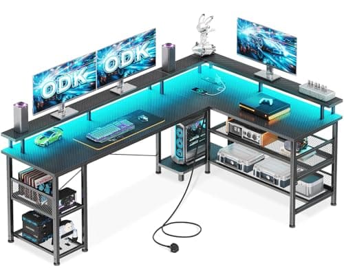 ODK L Shaped Gaming Desk with LED Lights & Power Outlet, 168x120 cm | Reversible Corner Desk with Storage Shelves, Computer Desks with Monitor Stand, Carbon Fiber Black