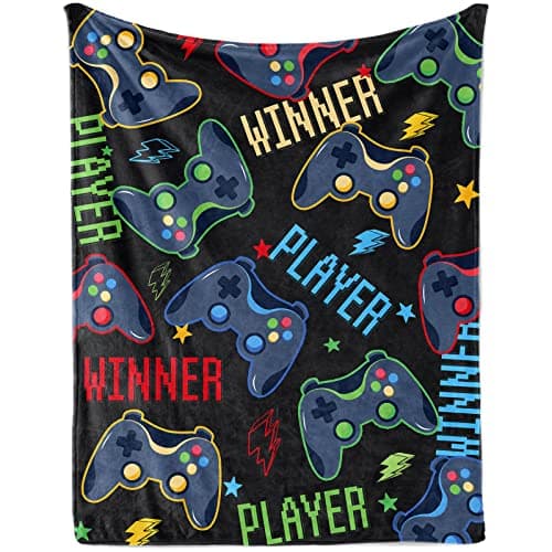 Gaming Throw Blanket Gifts for Boys, Soft Video Game Controller Cozy Plush Flannel Blanket for Kids Baby Bedroom, 100 x 130 cm Black Gamer Fleece Fluffy Blanket for Girls Toddler Couch Bed Sofa Decor