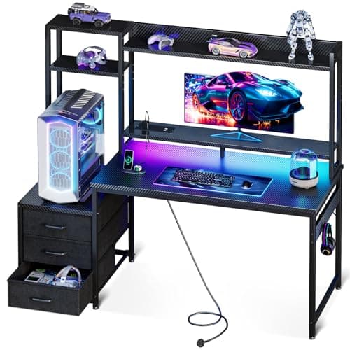 Coleshome Gaming Desk with LED Lights & Display Shelves Carbon Fiber Black