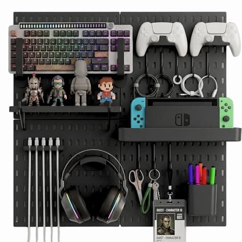 Keepo Pegboard Combination Kit, Pegboards and Accessories Modular Hanging for Gaming Setup, Gaming Station Peg Board, Gaming Organizer, Wall Game Controller Holder, Headset Stand (Black, 22″×22″)