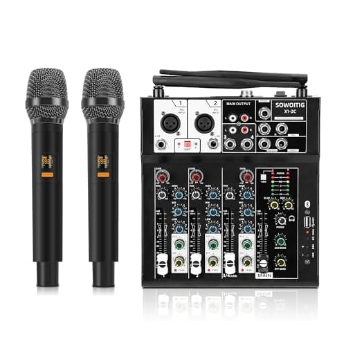 SOWOITIG 4 Channel Audio Mixer, Karaoke Mixer with Dual Wireless Microphones, Professional Sound Board DJ Mixing Console MP3 Bluetooth 48V Phantom Power USB Interface for PC Studio Recording Party