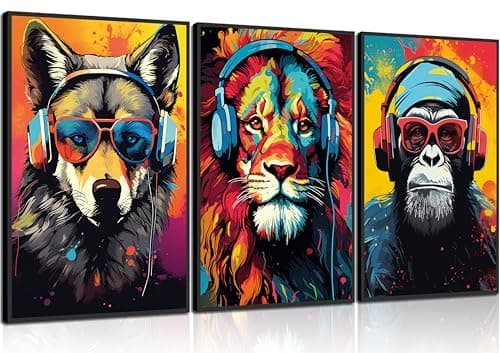 3pcs Gaming Wall Art Animal Graffiti Posters Pictures With Headphones Sunglasses Gorilla Tiger Wolf Cool Gamer Canvas Prints Colorful Graffiti Paintings for Teens Game Boys Room Wall Decor Unframed