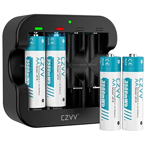 Rechargeable AA Batteries Lithium with Charger - 4 Pack 1.5V 3500mWh Double A Pilas Recargables Long-Lasting with 2H Fast Black Charger for Blink Outdoor Trail Camera Xbox VR Controller, Cycle 1300x