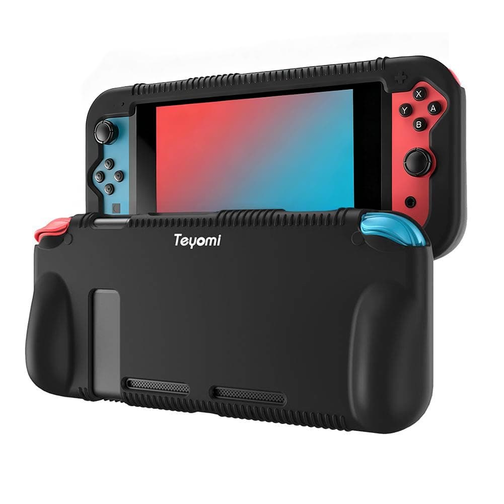 Teyomi Protective Silicone Case for Nintendo Switch, Grip Cover with 2 Storage Slots for Game Cards, Shock-Absorption & Anti-Scratch (Black)