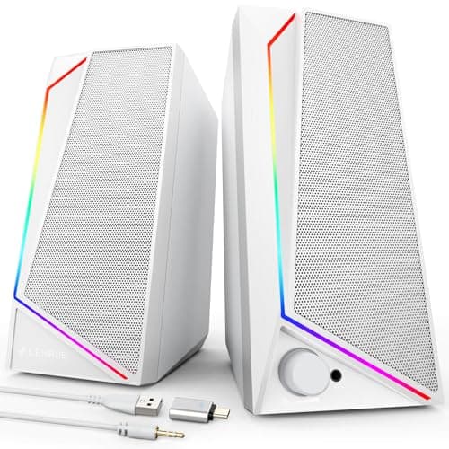 LENRUE PC Speakers, USB Powered Computer Speakers with Loud Stereo Sound, Headphone-in for Desktop,Laptop, Monitor (USB-C Adapter Included) (White)