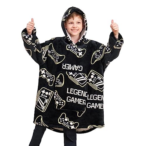 Ceruwum Gamer Hoodies for Boys, Kids Hooded Sweatshirt, Oversized Hoodie Blanket for Teens (Gamer-Black, 10-11 Years)