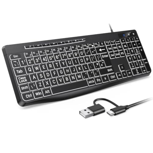 TECURS Large Print Backlit Wired Keyboard, QWERTY UK Layout Silent Keyboard