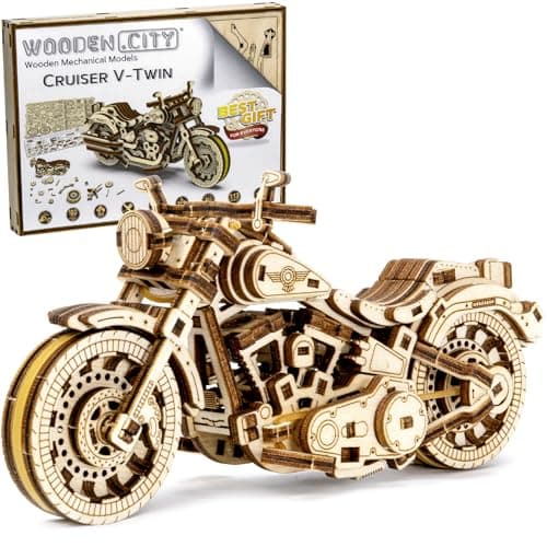 WOODEN.CITY Cruiser V-Twin Wooden Motorbike Model Kit for Adults, 168-Piece DIY 3D Motorcycle Puzzle with Detailed Engine and Rubber Motor, Build-and-Display Gift