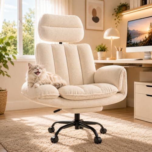 HOMRELEXA Big and Tall Office Chair, Ergonomic Reclining Computer Desk Chair with Adjustable Armrests & Foot Rest, Plush Teddy Fleece Wide Seat Heavy Duty Gaming Chair, White