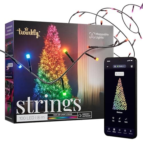 Twinkly Strings 100 LED RGB, LED Light String for in- and Outdoor, Christmas Lights, Smart LED Lights, Mappable LEDs, Compatible with Alexa and Google Home, IP44, Controlled by App, Black Wire, 8m