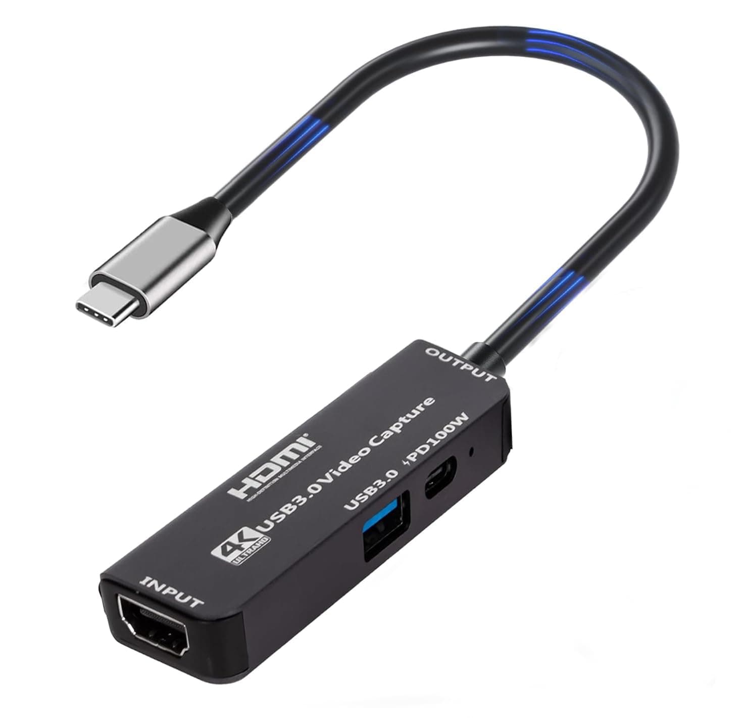 Video Capture Card, USB 3.0 PD 100W HDMI to USB C Audio Capture Card, 4K 1080P 60FPS Capture with Type-C Adapter Devices for Gaming Live Streaming Video Recorder, Compatible with Windows Mac OS System