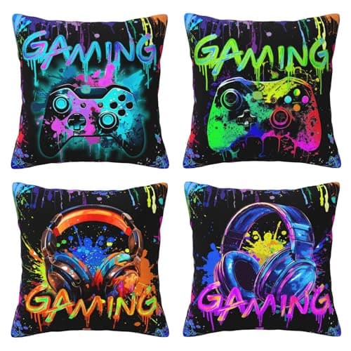 Gamer Gifts for Boys, 2PCS Gaming Pillow Covers For Player,45x45cm Watercolour Graffiti Gaming Cushion Covers Gamer Decorative Accessories for Room,Throw Pillow Cases For Couch Sofa Office Bedroom (E)