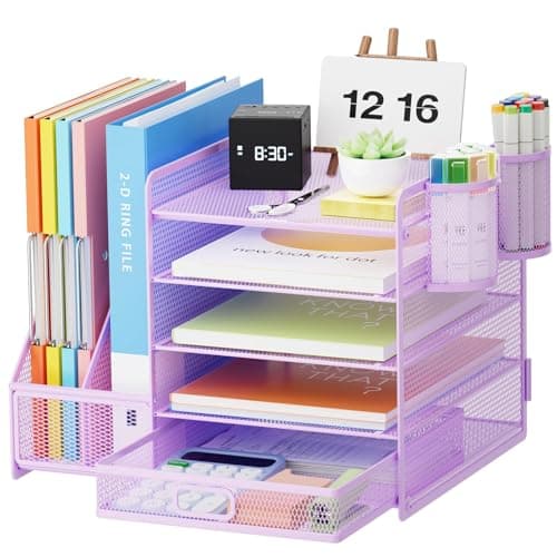 Marbrasse Desk Organiser File Holder,5-Tier Paper Letter Tray Organiser with Drawer,2 Pen Holder,Mesh Desktop Storage with Magazine Holder for Office Supplies(Purple)