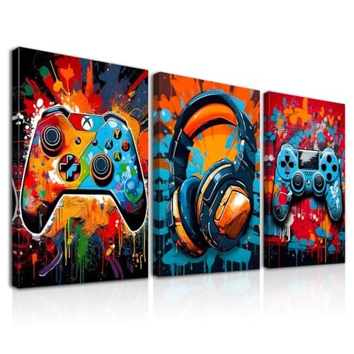 Dazzlewall 3Pcs Framed Game Wall Art Prints Graffiti Gamepad Headphones Painting Pictures, Cool Video Posters for Teen Boys Dorm Game Room Decor 12x16 in