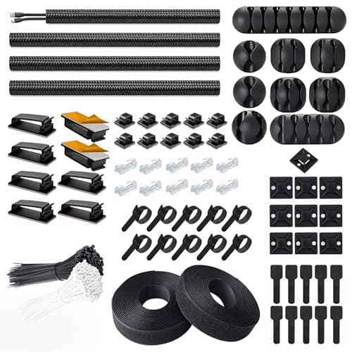 273Pcs Cable Management Kit – 4 Cable Sleeves, 200 Zip Ties (Black & White), Self Adhesive & Transparent Cable Clips, Hook & Loop Straps & Cable Organisers for Desk, TV & Home Office