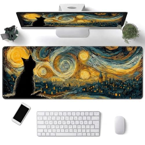 Vesavifaka Desk Mat, Extended Large Gaming Mouse Pad Desk Mat with Anime Design, XXL Mouse Pad 800 x 300 mm for Computer, Office, Gaming and Home (Starry Sky Cat)