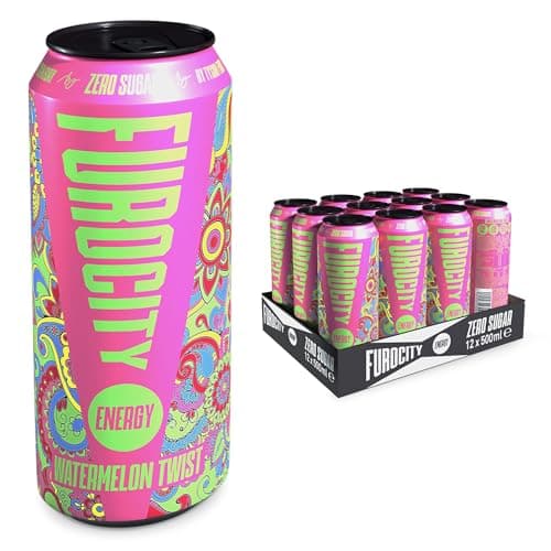 Furocity Sugar Free Energy Drink, Watermelon Twist, 157mg Caffeine, Low Calorie, Zero Sugar, High in Vitamins C, B6, B12, Taurine, Vegan, 12 x 500ml Cans