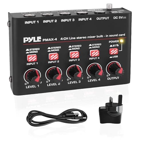 PYLE Mini Audio Mixer – 4 Channel Bluetooth USB Sound Console for Microphone, Music & Karaoke, Compact Design, High Relevance for Podcasting & Home Studio, Plug & Play Setup