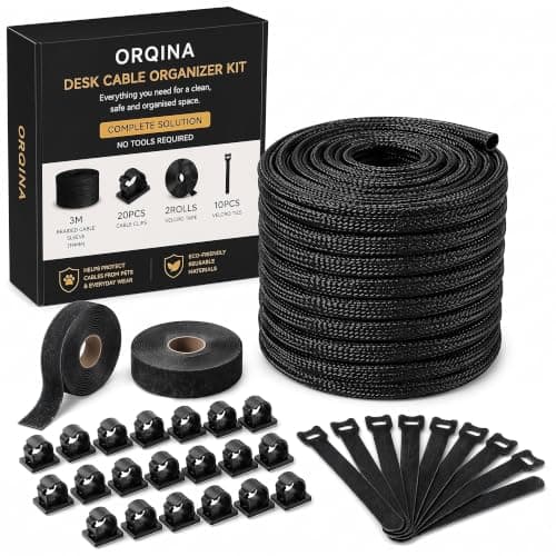 33-Piece Desk Cable Management Kit – Cable Organiser with 3m x 19mm Braided Cable Sleeve, 20 Cable Clips, 10 Reusable Cable Ties, 2 Rolls Hook and Loop Straps for PC, TV, Gaming & Home Office.