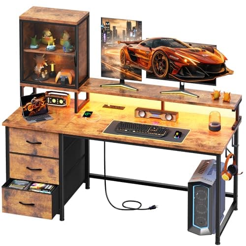 Computer Desk with Drawers & Figure Acrylic Display Case, 120x50cm Reversible Gaming Desk with Power Outlets & RGB Lights & Monitor Stand & Headphone Hook, Brown Corner Gaming PC Table with for Home