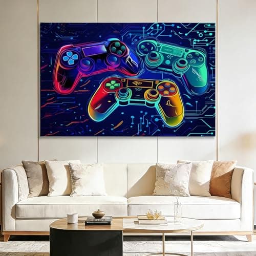 Framed Canvas Wall Art Game Controller Graffiti Neon Esports Poster Print Wall Decor Picture Painting Ready to Hang for Home Living Room Bedroom Bathroom Decorations 48 x 24 inches