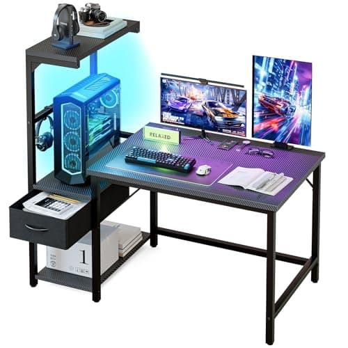 Grandder Gaming Desk 104 cm with CPU Stand and LED Light, Computer Desk with Reversible Shelves and Storage Drawer, Pc Small Desk for Home Office Table with Bag, Carbon Fiber Black