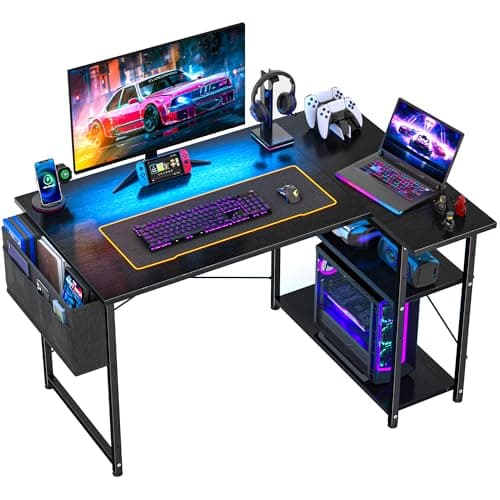 L Shaped Gaming Desk with Shelf Reversible and Storage Bag, Black 100×70cm